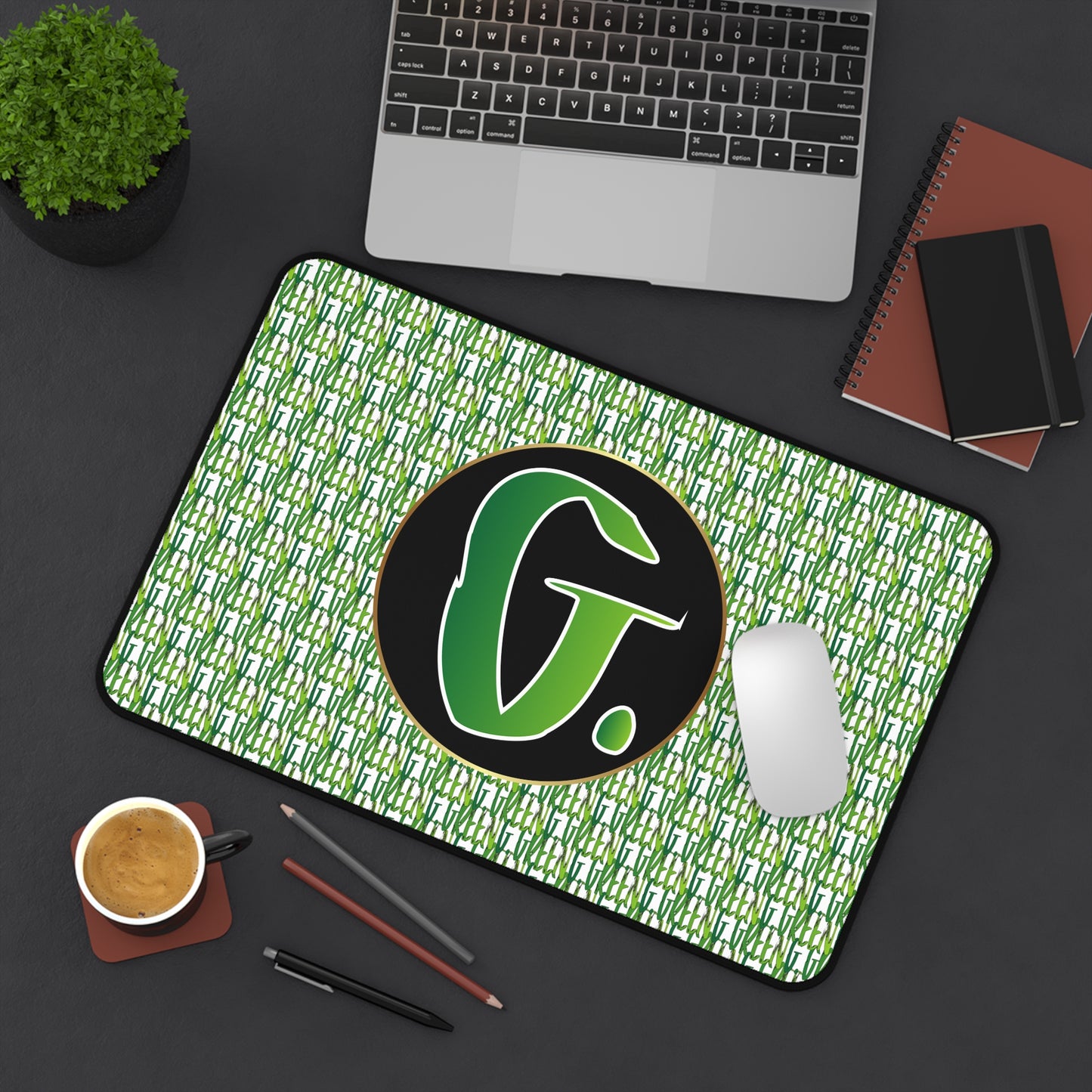 Personalized Desk Mat with Green Initial, Custom Office Decor, Gaming Mouse Pad, Work from Home Gift, Unique Desk Accessory