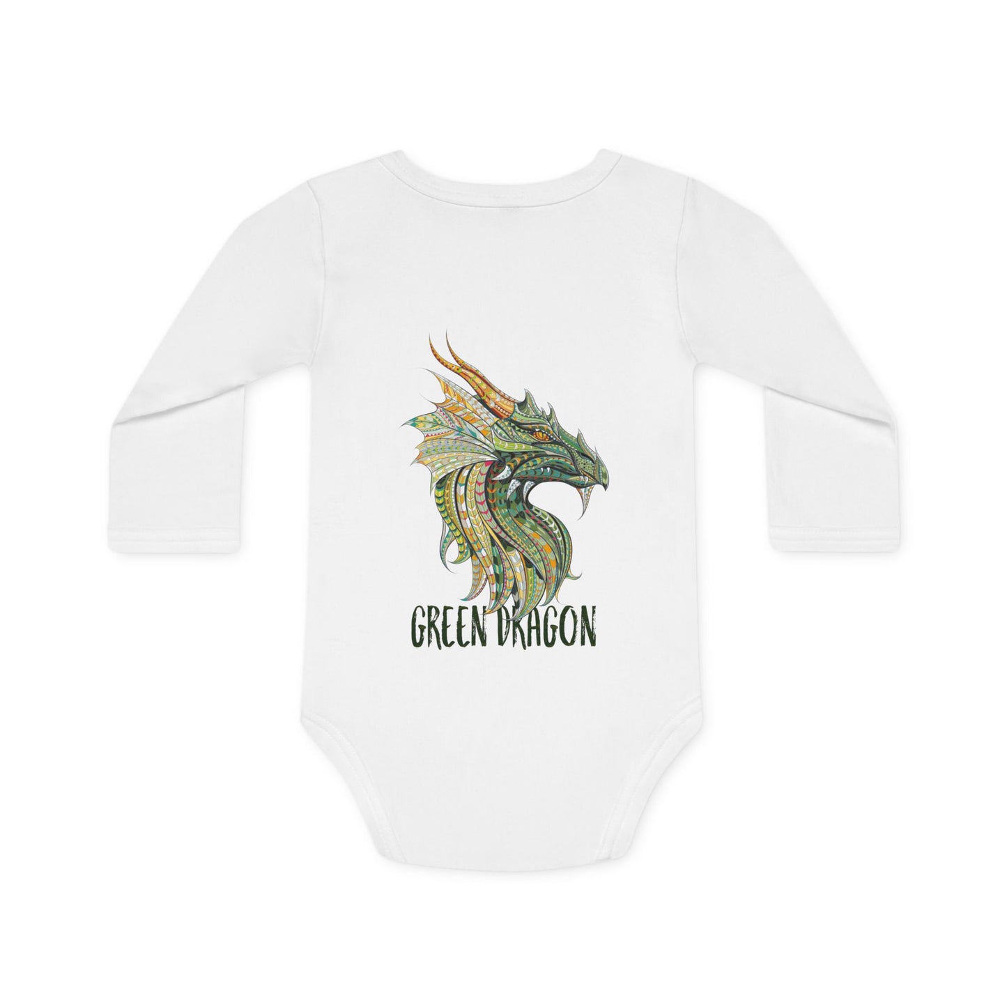 Whimsical Organic Baby Bodysuit with Dragon & Green Design, Perfect Baby Gift, Playful Newborn Outfit, Eco-Friendly Baby Clothes