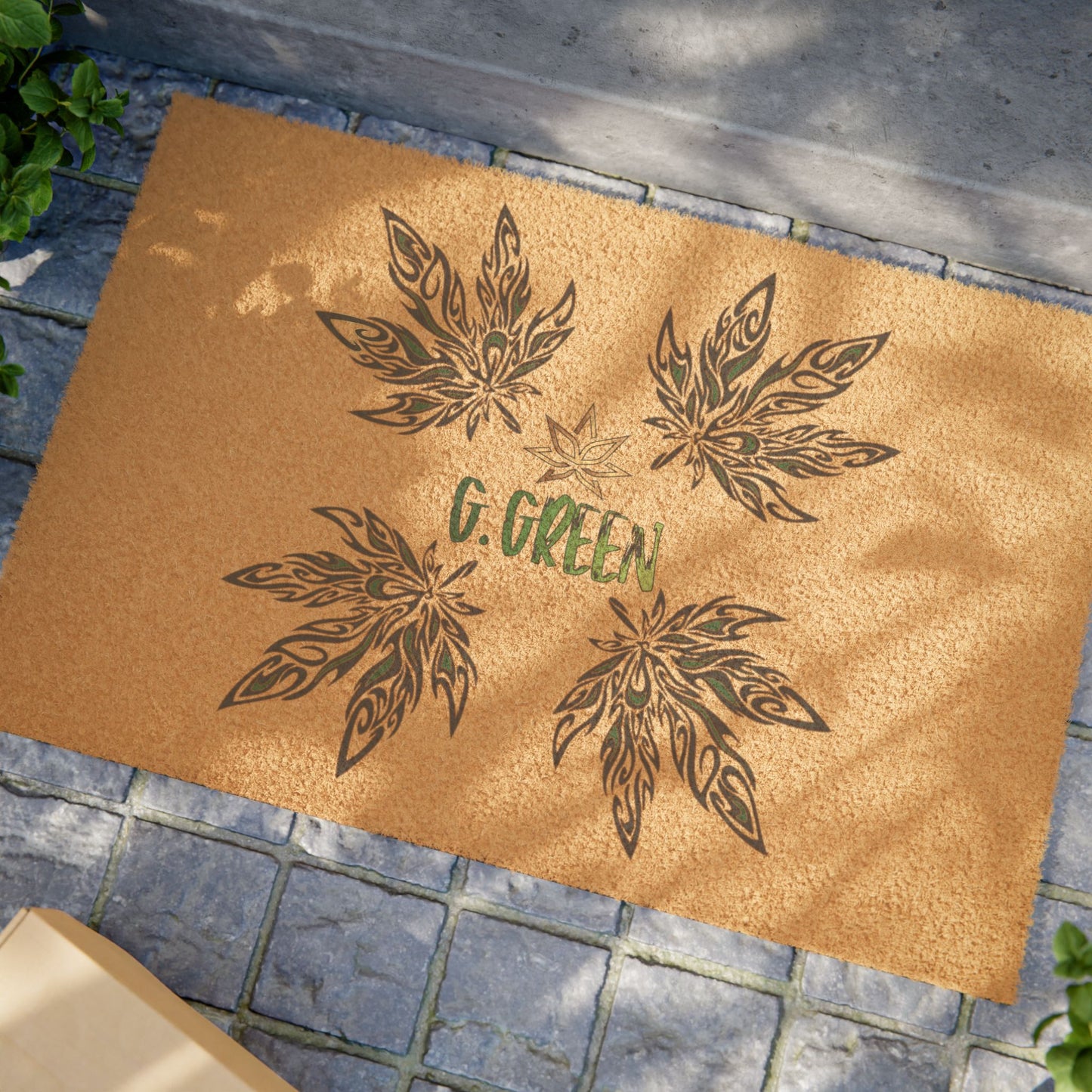Green Leaf Welcome Doormat | Boho Brown Entry Rug, Housewarming Gift, Indoor/Outdoor Mat, Eco-Friendly Decor