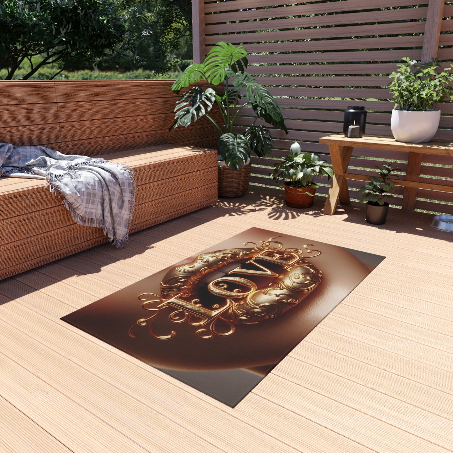 Outdoor Rug with 'LOVE' Design for Patio, Garden, Entrance, Bohemian Decor, Gift Idea, Outdoor Living