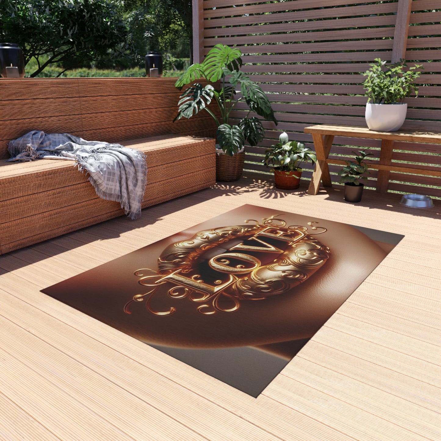 Outdoor Rug with 'LOVE' Design for Patio, Garden, Entrance, Bohemian Decor, Gift Idea, Outdoor Living