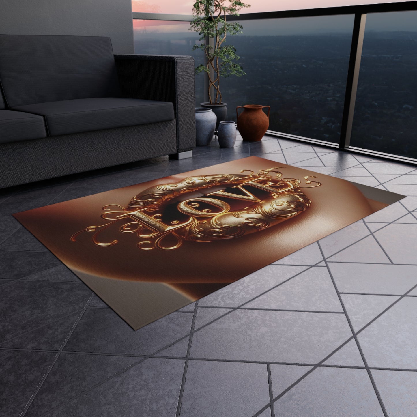 Outdoor Rug with 'LOVE' Design for Patio, Garden, Entrance, Bohemian Decor, Gift Idea, Outdoor Living