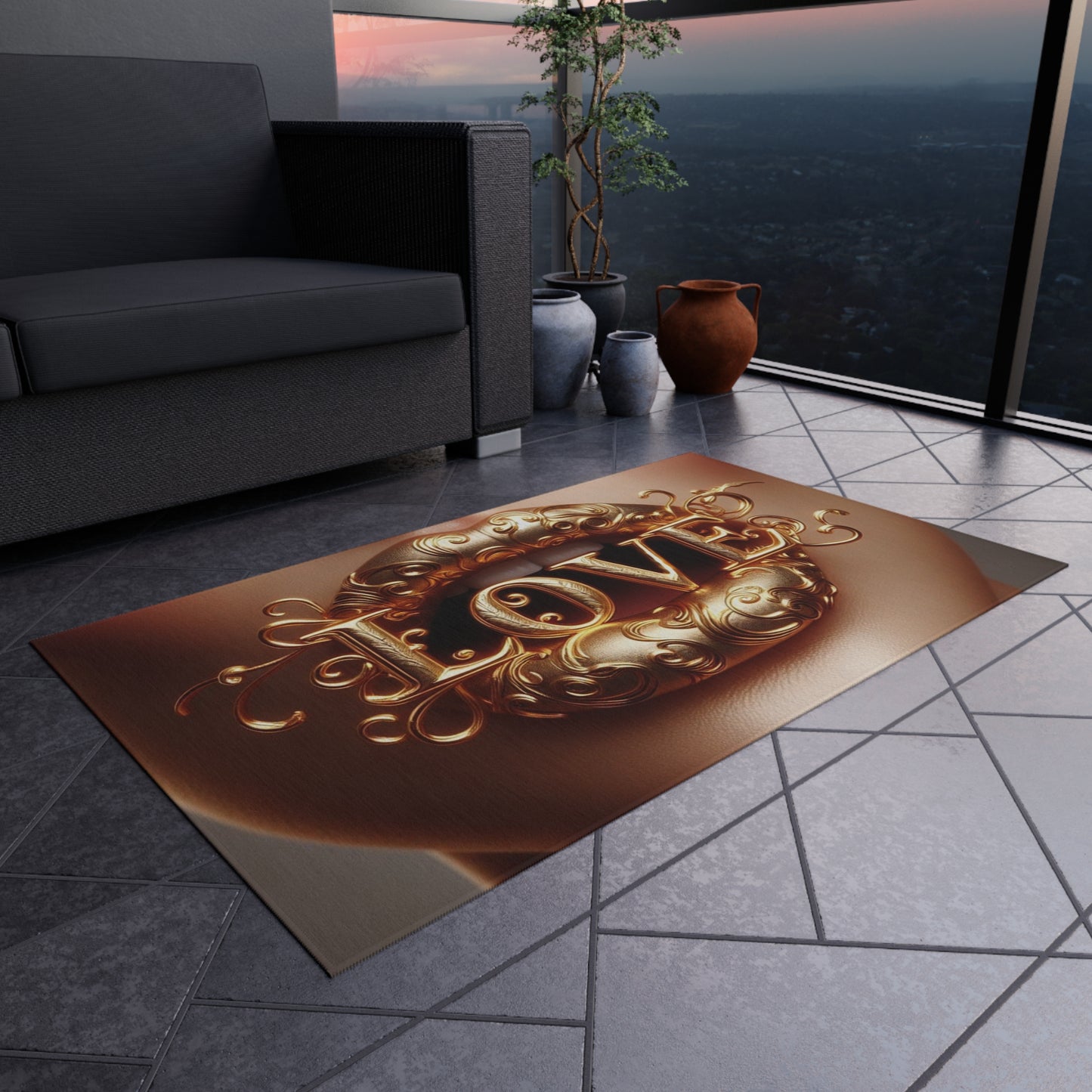 Outdoor Rug with 'LOVE' Design for Patio, Garden, Entrance, Bohemian Decor, Gift Idea, Outdoor Living