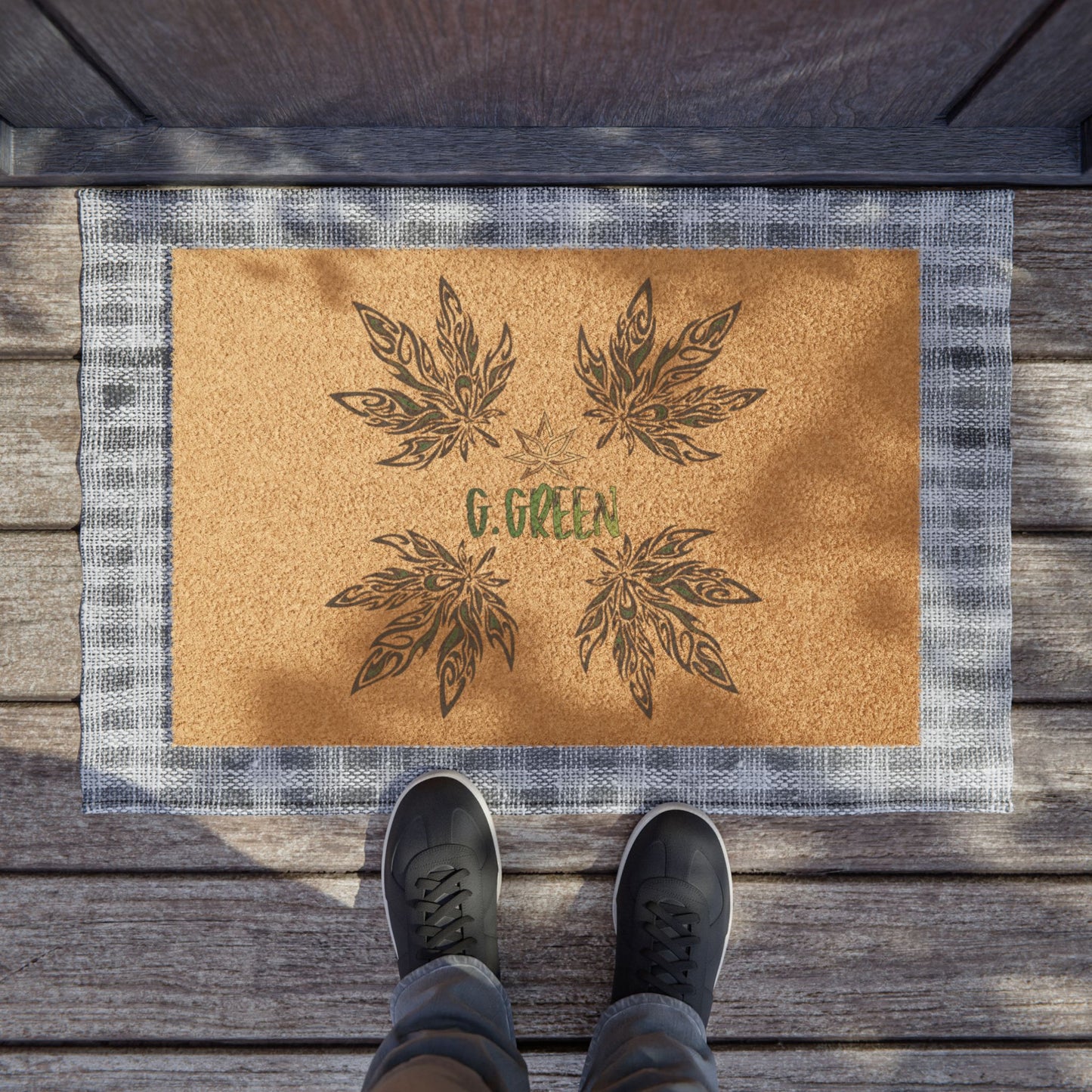 Green Leaf Welcome Doormat | Boho Brown Entry Rug, Housewarming Gift, Indoor/Outdoor Mat, Eco-Friendly Decor