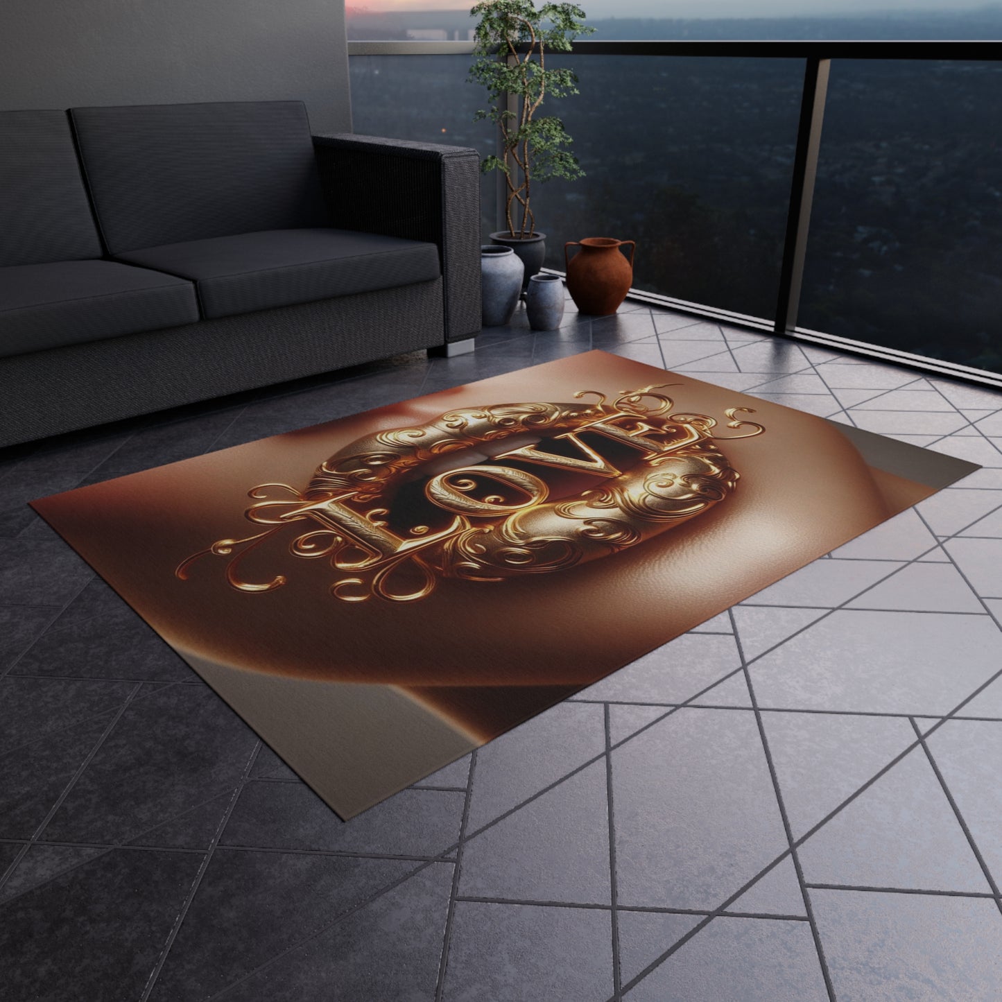 Outdoor Rug with 'LOVE' Design for Patio, Garden, Entrance, Bohemian Decor, Gift Idea, Outdoor Living