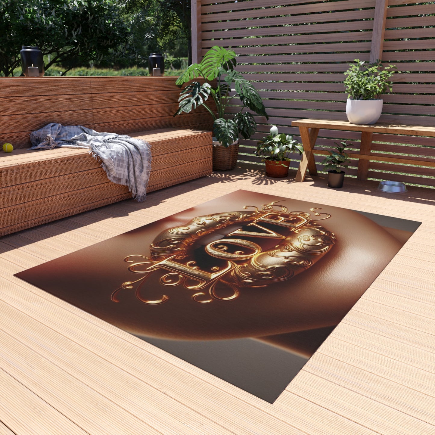 Outdoor Rug with 'LOVE' Design for Patio, Garden, Entrance, Bohemian Decor, Gift Idea, Outdoor Living